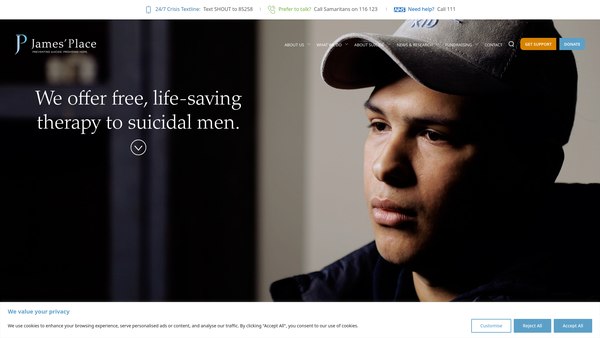 Screenshot of the James' Place Charity website