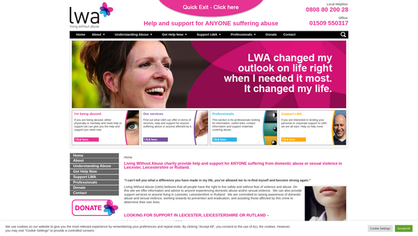 Screenshot of the Living Without Abuse website