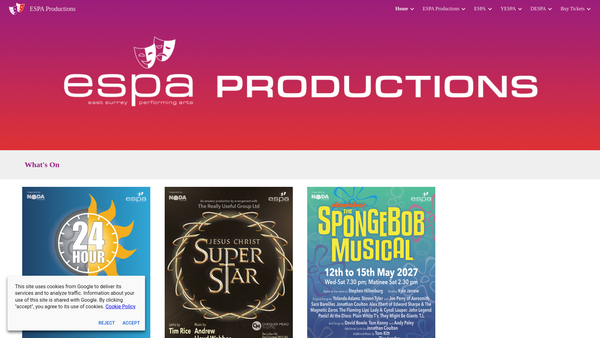 Screenshot of the East Surrey Performing Arts website