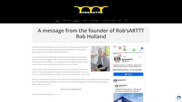 Screenshot of the Robsarttt A Rare Teenage Tumour Trust website