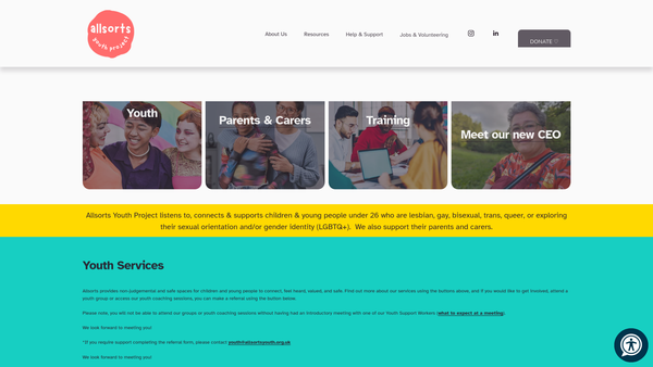 Screenshot of the Allsorts Youth Project Limited website