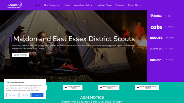 Screenshot of the Maldon And East Essex District Scout Council website