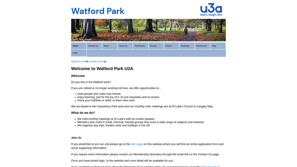 Screenshot of the Watford Park u3a website