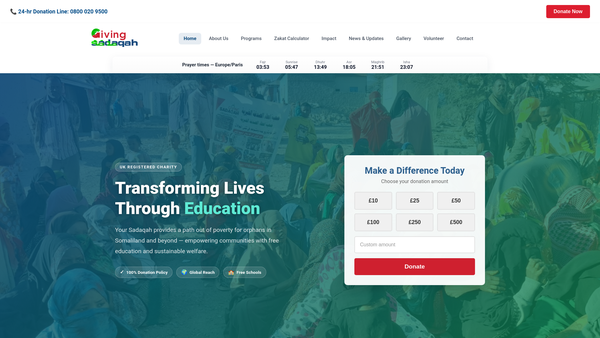 Screenshot of the Giving Sadaqah website