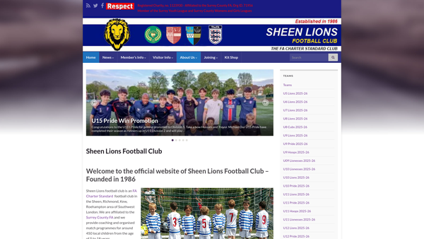 Screenshot of the Sheen Lions Football Club website