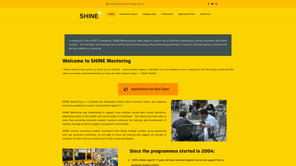 Screenshot of the Shine Mentoring website