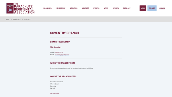 Screenshot of the The Parachute Regimental Association Coventry Branch website