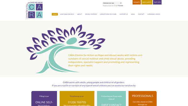 Screenshot of the Centre For Action On Rape And Abuse website