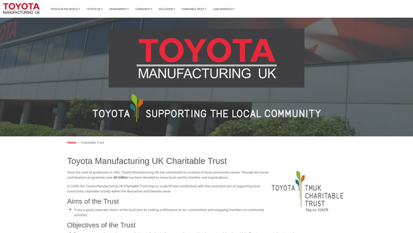 Screenshot of the Toyota Manufacturing UK Charitable Trust website
