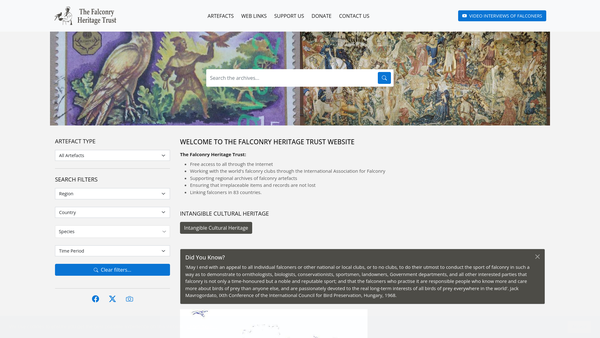 Screenshot of the The Falconry Heritage Trust website