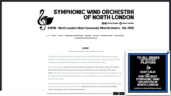Screenshot of the Symphonic Wind Orchestra Of North London website