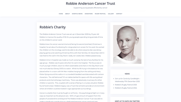 Screenshot of the The Robbie Anderson Cancer Trust website