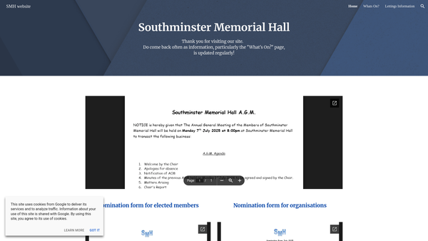 Screenshot of the Southminster Memorial Hall website