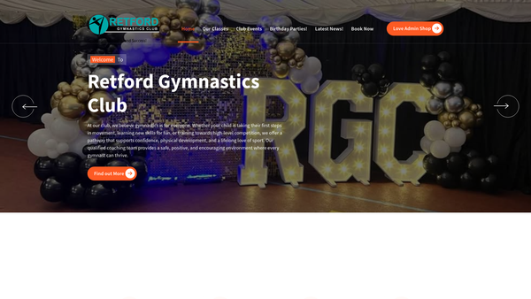 Screenshot of the Retford Gymnastics Club website