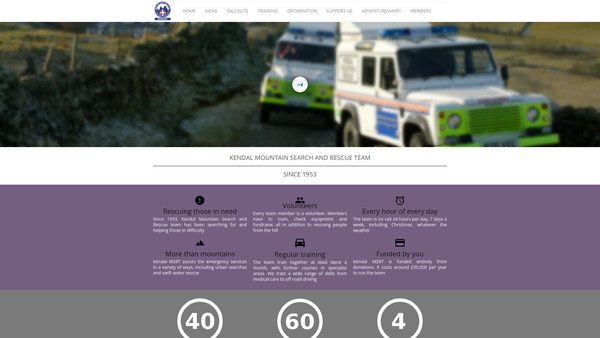 Screenshot of the Kendal Mountain Search & Rescue Team website