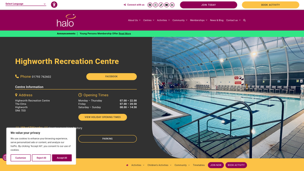 Screenshot of the Highworth Recreation Centre (2012) website