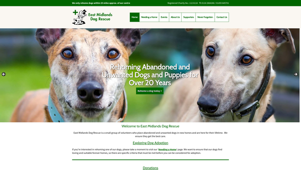 Screenshot of the East Midlands Dog Rescue website