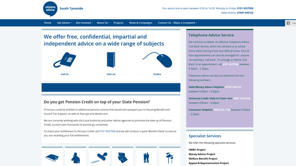 Screenshot of the South Tyneside Citizens Advice Bureau website
