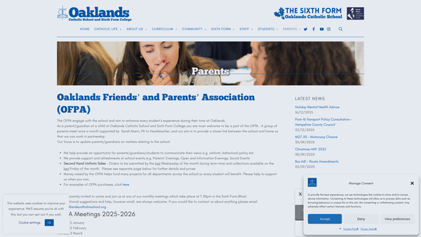 Screenshot of the Oaklands Friends’ And Parents’ Association website