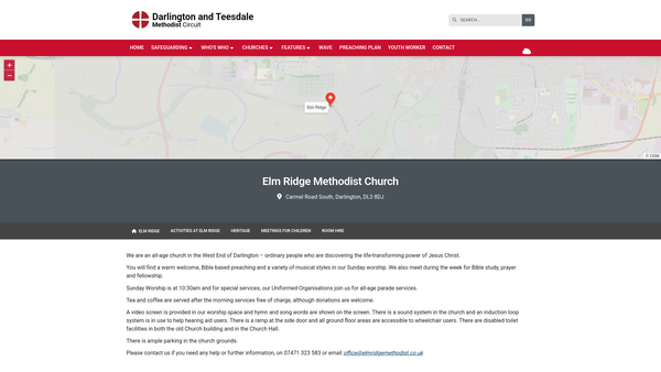 Screenshot of the Elm Ridge Methodist Church Darlington website