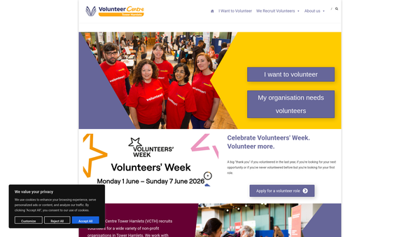 Screenshot of the Volunteer Centre Tower Hamlets website