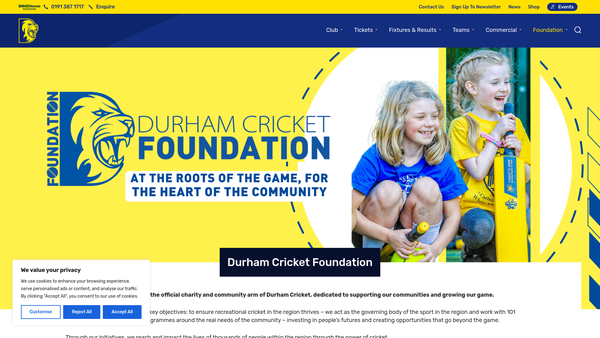 Screenshot of the Durham County Cricket Foundation website