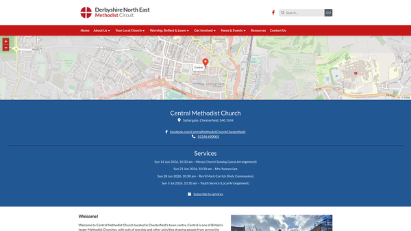 Screenshot of the Central Methodist Church Chesterfield website