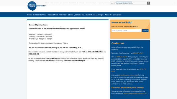 Screenshot of the Citizens Advice Worcester And Herefordshire website