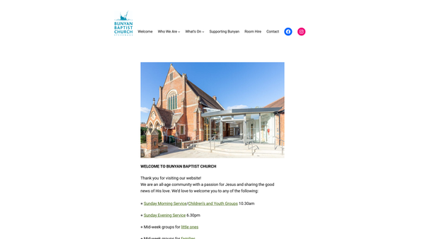 Screenshot of the Bunyan Baptist Church, Stevenage website