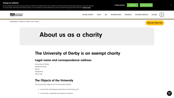 Screenshot of the University Of Derby Theatre Limited website