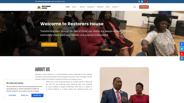 Screenshot of the Restorers House International Ministries website