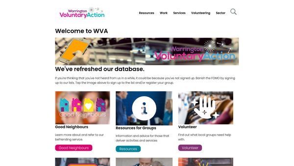 Screenshot of the Warrington Voluntary Action website