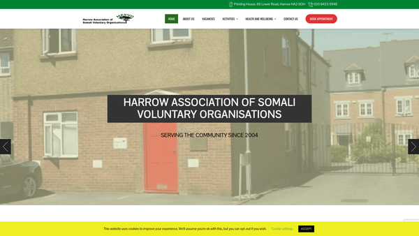 Screenshot of the Harrow Association Of Somali Voluntary Organizations (Hasvo) website