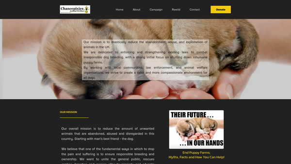 Screenshot of the Chancepixies Animal Welfare website