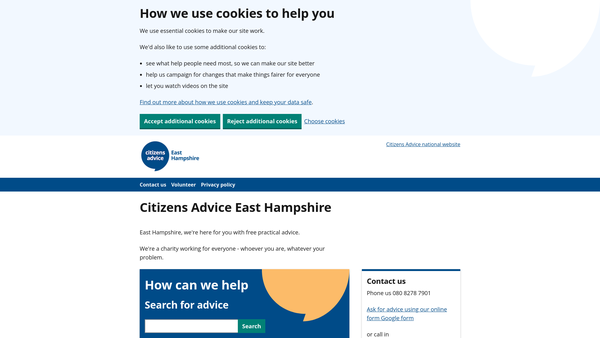 Screenshot of the Citizens Advice East Hampshire Limited website