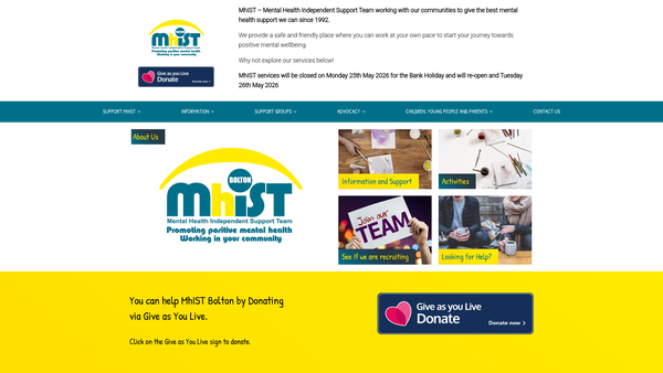 Screenshot of the Mhist (Mental Health Independent Support Team) website
