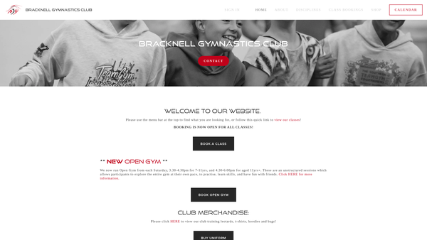 Screenshot of the Bracknell Gymnastics Club website