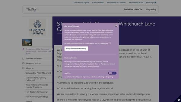 Screenshot of the The Parochial Church Council Of The Ecclesiastical Parish Of St Lawrence, Little Stanmore Alias Whitchurch website