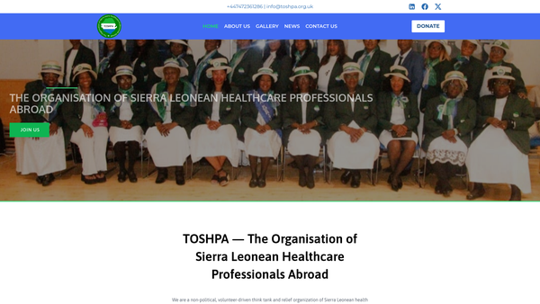 Screenshot of the The Organisation Of Sierra Leonean Healthcare Professionals Abroad (Toshpa) website