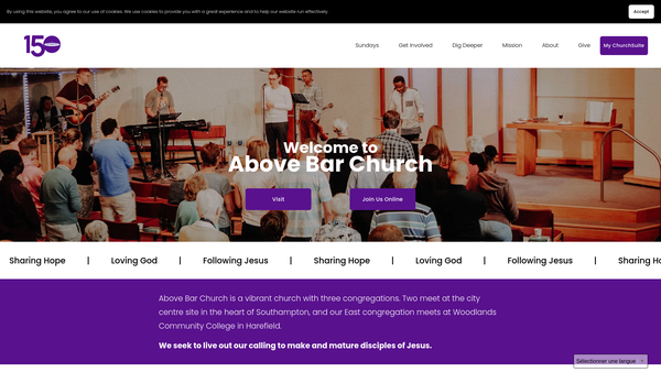 Screenshot of the Above Bar Church website