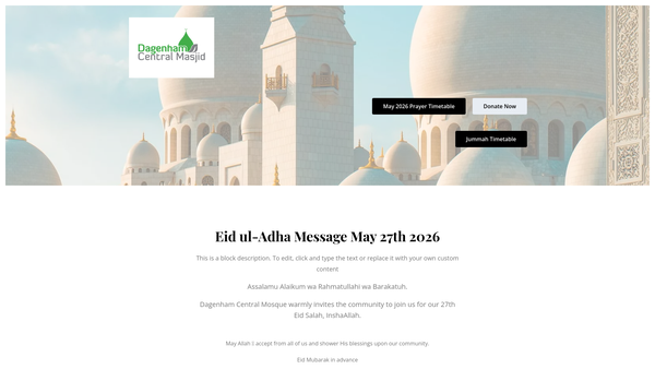 Screenshot of the Becontree Heath Islamic Society (Dagenham Central Mosque) Limited website