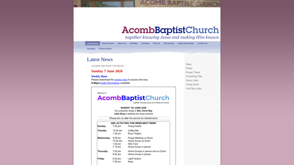 Screenshot of the Acomb Baptist Church website