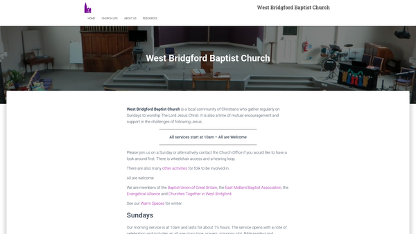 Screenshot of the West Bridgford Baptist Church website