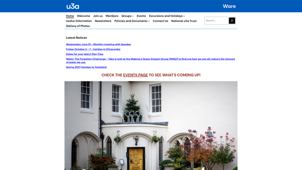 Screenshot of the Ware U3A website