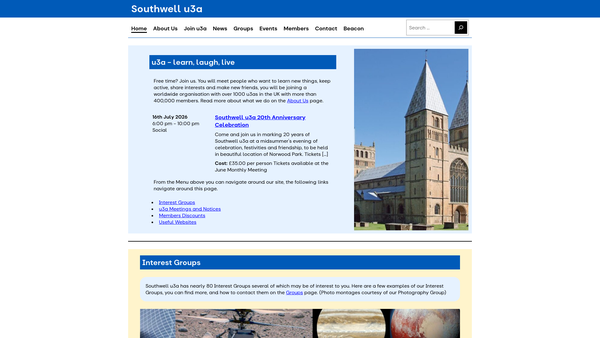 Screenshot of the Southwell And District, Nottinghamshire U3A website