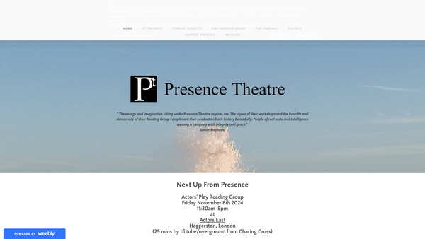 Screenshot of the Presence Theatre Limited website