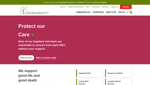 Screenshot of the Arthur Rank Hospice Charity website