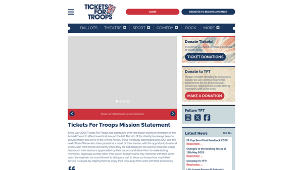 Screenshot of the Tickets For Troops website