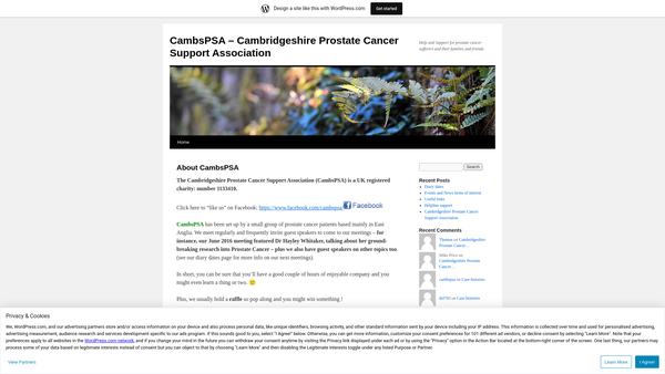 Screenshot of the Cambridgeshire Prostate Cancer Support Association website