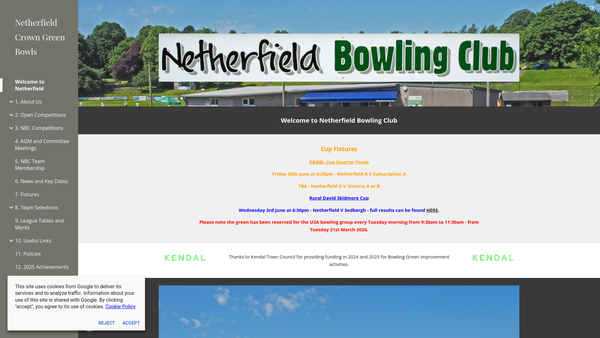 Screenshot of the Netherfield Bowling Club website